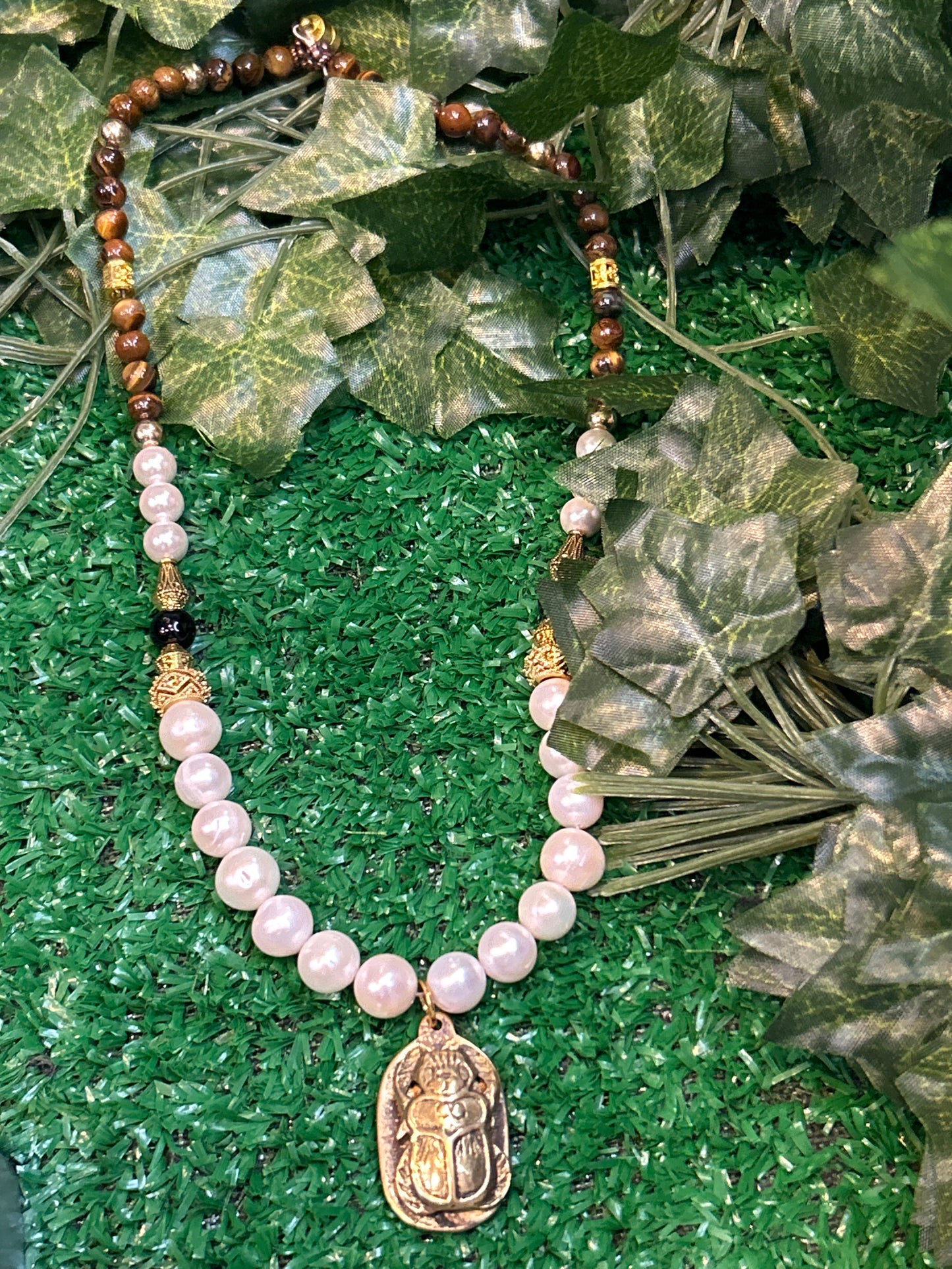 Tiger Eye & Pearl Scarab Beatle Necklace