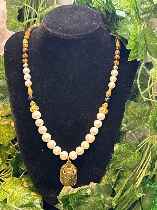 Tiger Eye & Pearl Scarab Beatle Necklace