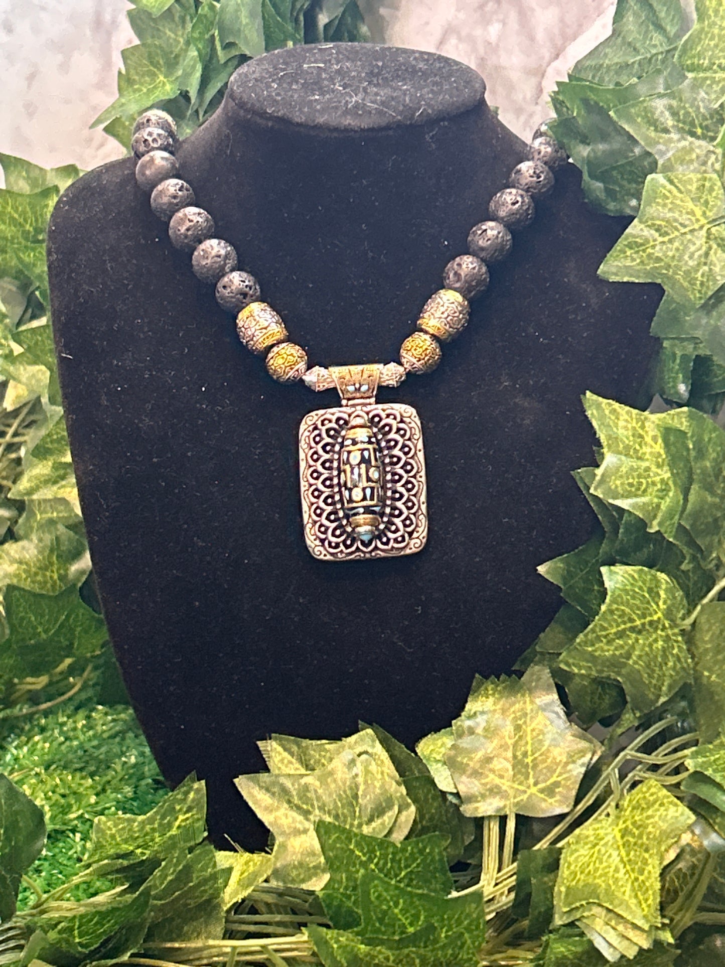 Handmade Lava Beaded Necklace w/ Pendant