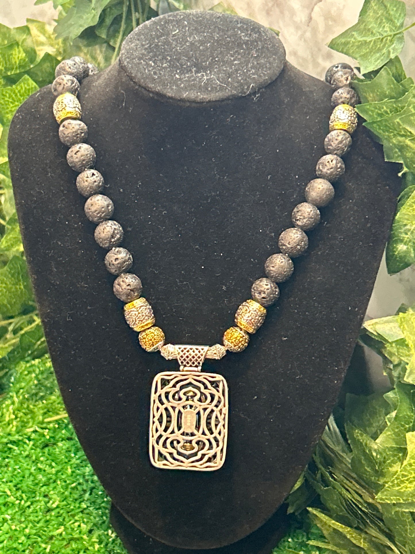 Handmade Lava Beaded Necklace w/ Pendant