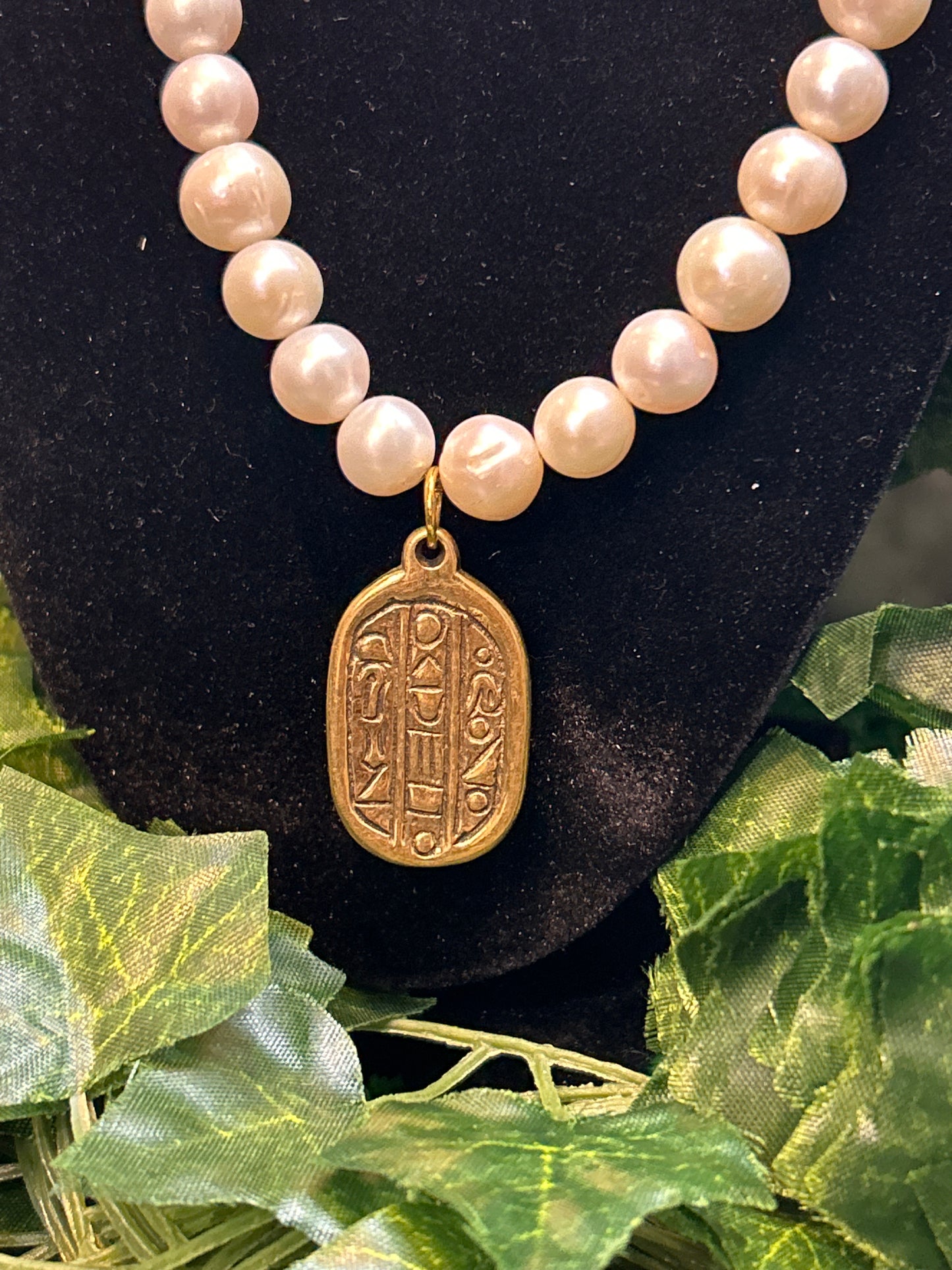 Tiger Eye & Pearl Scarab Beatle Necklace