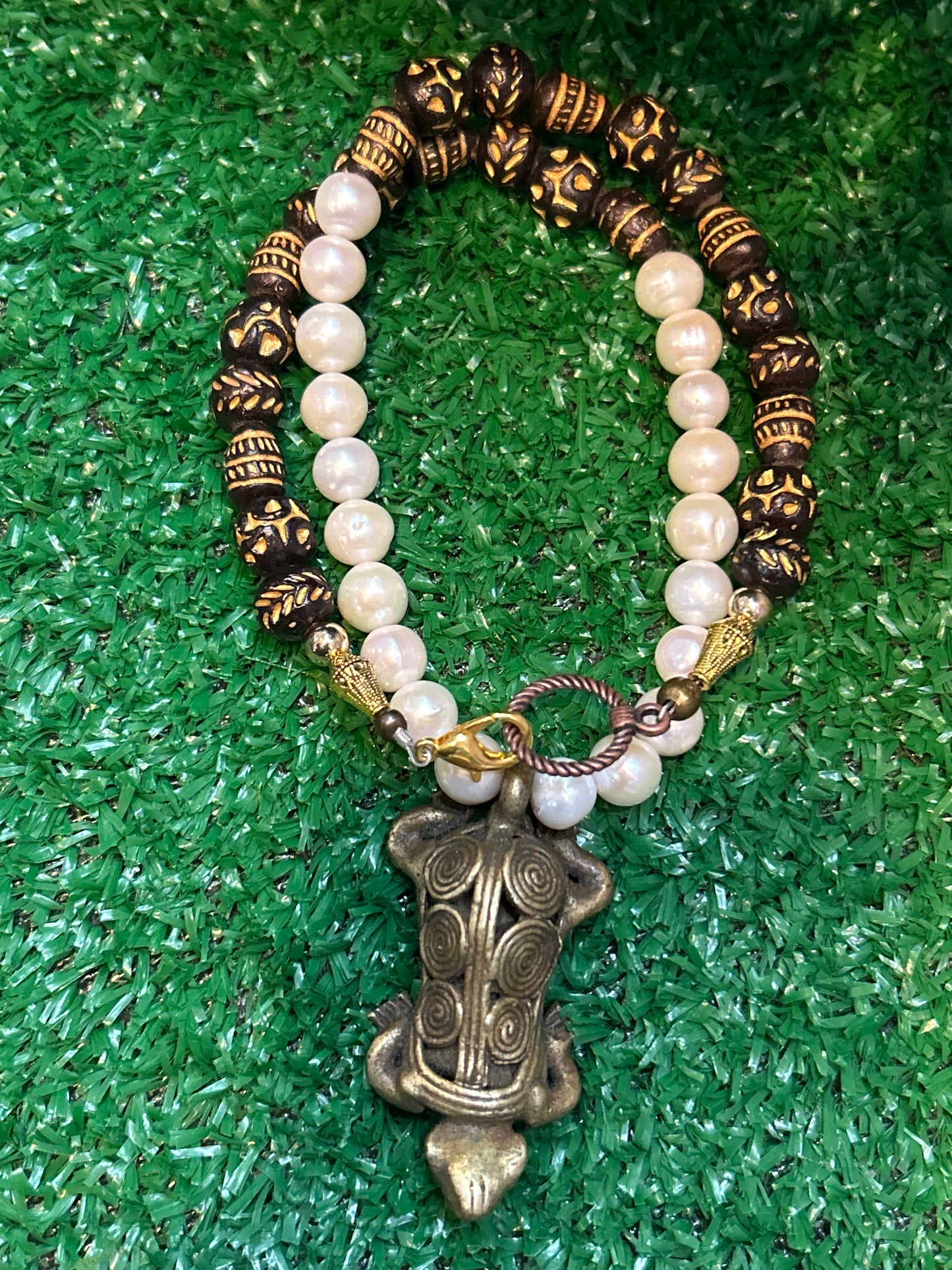 Handmade Pearls & Beaded Necklace w/ Turtle Pendant