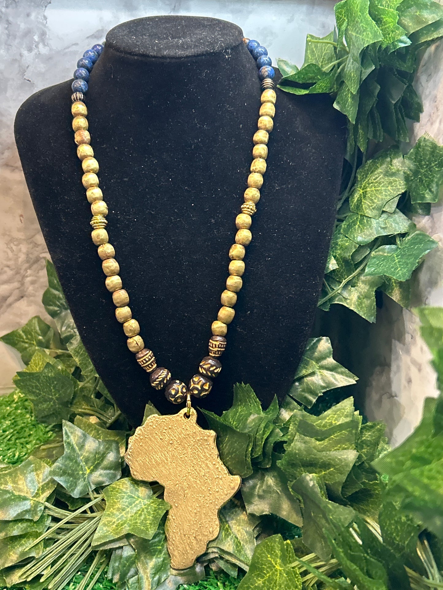 Handmade Beaded Necklace w/ Africa Pendant