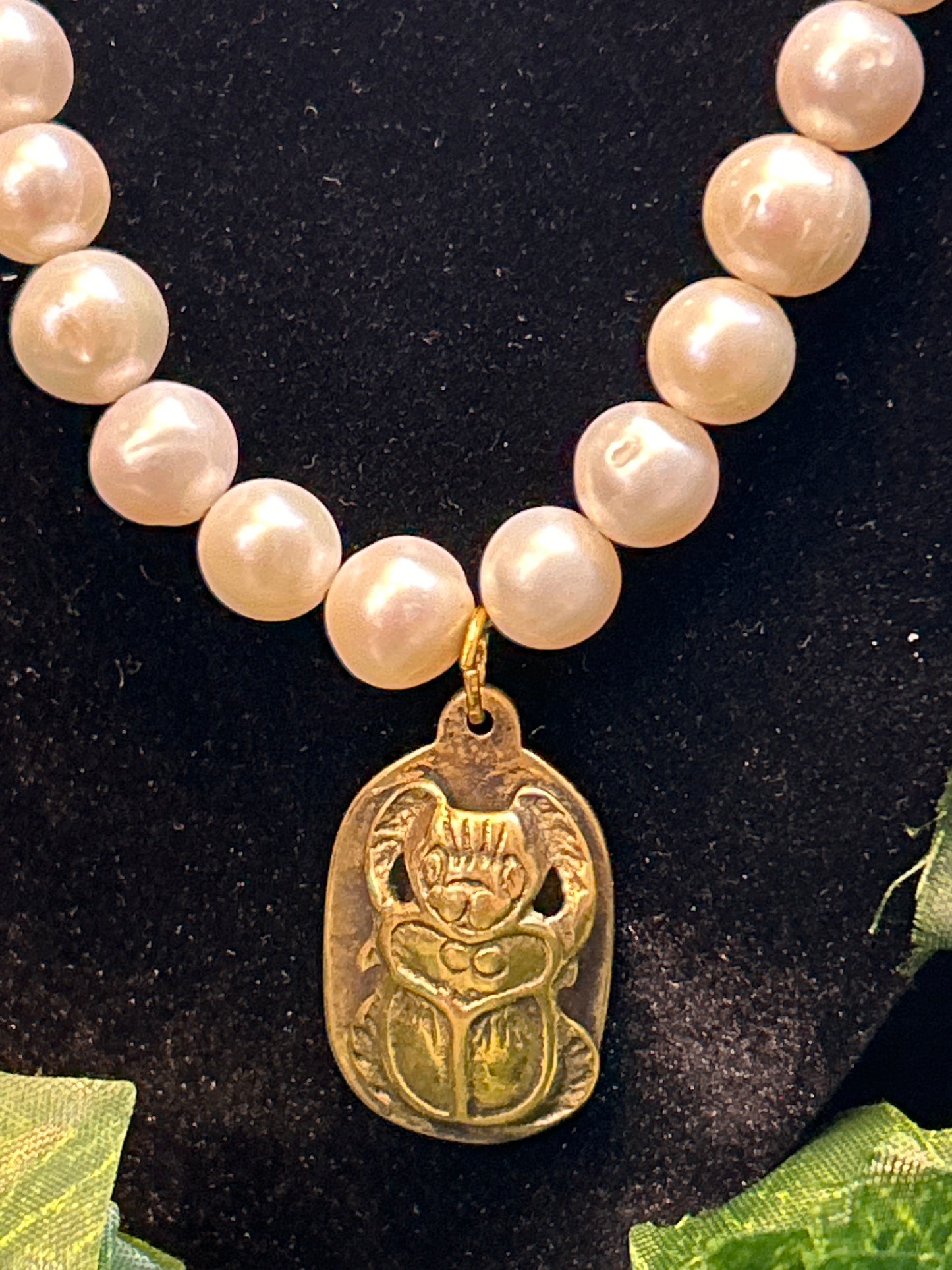 Tiger Eye & Pearl Scarab Beatle Necklace