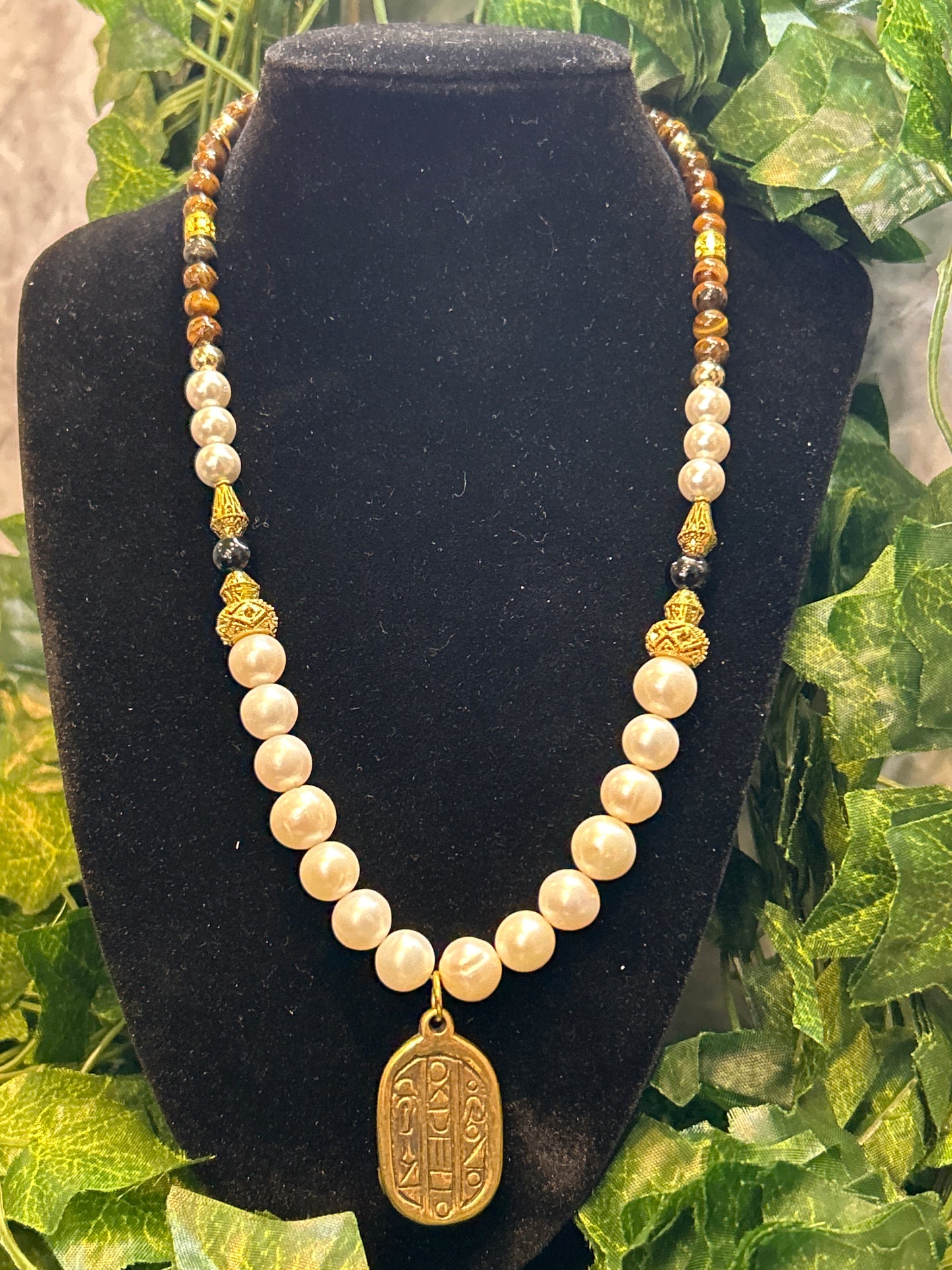 Tiger Eye & Pearl Scarab Beatle Necklace